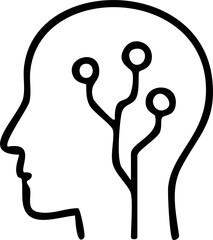 A minimal black-and-white silhouette of a human head featuring branching circuit lines with dots, symbolizing artificial intelligence, neural connections, and digital thinking.