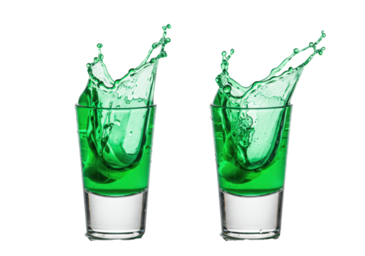Two glass shot glasses with vibrant emerald-green cocktails splashing dynamically, frozen mid-air on a white background, commercial beverage advertising concept