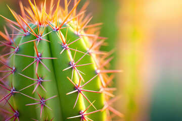 Extreme close up of a green cactus with colorful red and orange spines