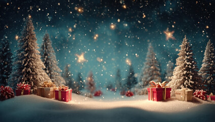 Winter wonderland scene with snow-covered trees, gifts, and a starry sky.