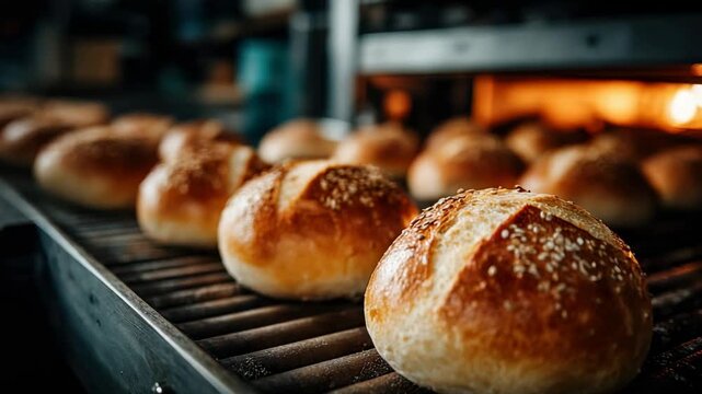 Freshly baked bread rolls cooling in a warm bakery with golden crusts under bright lights