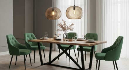 Modern Dining Room with Green Velvet Chairs and Rustic Table