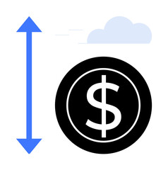 Dollar coin with vertical arrow symbolizes economic growth, financial fluctuation, success. Ideal for investment, finance, business planning, growth strategy, economic analysis, wealth management
