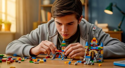 Teen boy with autism spectrum disorder building a castle from colorful blocks, focusing attentively on his toy. Development and learning concept for kids.
