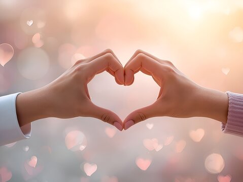 Hands Forming Heart Shape in Soft Pastel Pink Background
