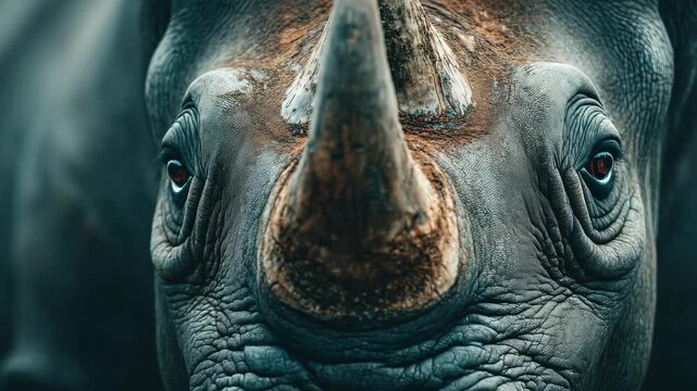 Close look at a rhinoceros in its natural habitat showcasing unique features and powerful presence