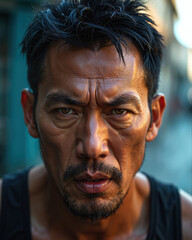 Man with dark hair, mustache, and beard, has a serious expression, with furrowed eyebrows and a direct gaze, conveying a sense of intensity.