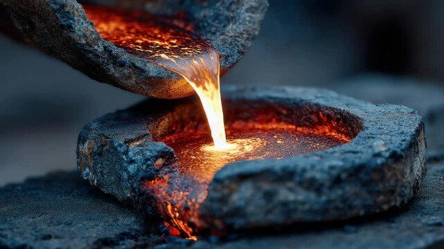 Pouring molten metal into stone molds at a foundry in a high-temperature environment