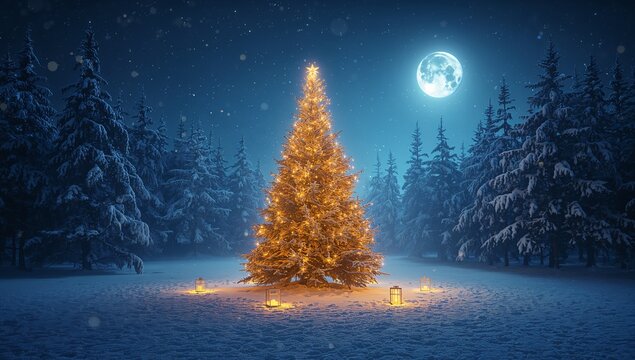 Illustration d’un paysage d’hiver enneigé : un arbre de Noël brille dans la nuit froide, au cœur d’une forêt paisible. La nature célèbre la saison de décembre pendant les vacances.