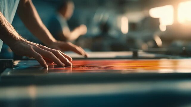 Craftsman applying lenticular overlay to a promotional poster enhancing depth and movement perception in natural light.
