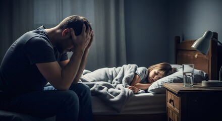 Depressed man sitting next to a sleeping child in a dark room. Concept of anxiety, stress, or grief for a parent with a neurodivergent child needing support.