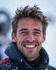 Man with short brown hair and stubble, smiling with squinting eyes, showing white teeth, with snowflakes on his hair and jacket, conveying joy and happiness.