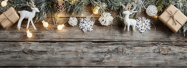 Christmas festive border with decorations, lights, and gifts on a rustic wooden background.