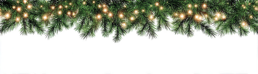 Christmas garland border with festive glowing lights on a clean white background, perfect for holiday designs and seasonal greetings.