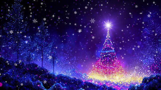 Christmas tree animation in pointillism style glowing particles, falling snow and a radiant star in a deep blue forest for magical xmas motion graphics