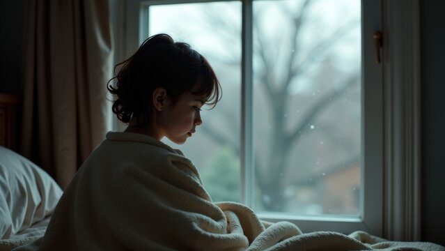 A woman sits on a bed in front of a window, possibly reflecting or daydreaming