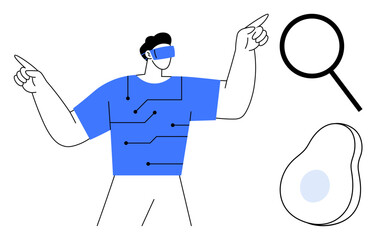 Individual wearing VR headset with circuit design shirt pointing outward, nearby magnifying glass, and abstract shape. Ideal for technology, exploration, innovation, future, research, AI