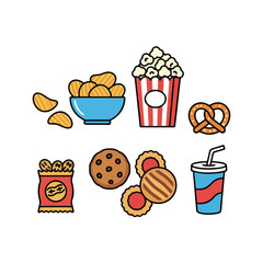 Colorful assortment of snack food icons including potato chips, popcorn, cookies, pretzels and soda, designed with simple outlines and bright colors. 