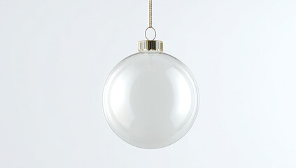A transparent glass Christmas bauble ornament with a gold cap hanging against a plain white background.