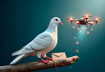 Conceptual image of white pigeon and delivery drone with cardboard box representing evolution of mail service. Creative metaphor for modern logistics, shipping technology and postal service innovation