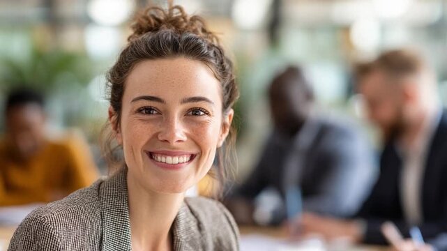 Confident Leader: Capturing a close-up portrait of a woman radiating confidence and a welcoming smile, with colleagues subtly blurred in the background.