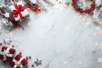 Festive Christmas background with gifts, berries, and decorations on a white surface.