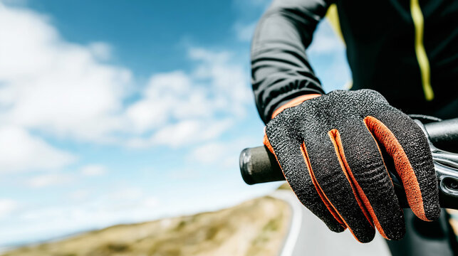 Cyclist hand gripping handlebar, wearing glove, riding bicycle on mountain road, concept of challenge and achievement