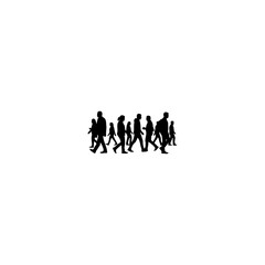 Silhouette illustration of a group of people walking together on a white background in a simple design