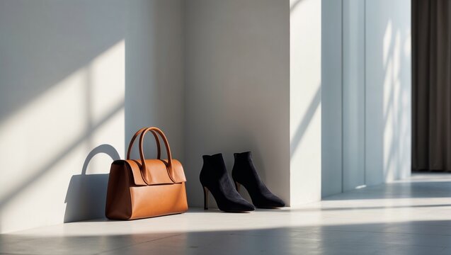 Stylish handbag and suede ankle boots by the wall, chic accessories for a party, elegant mood, copy space