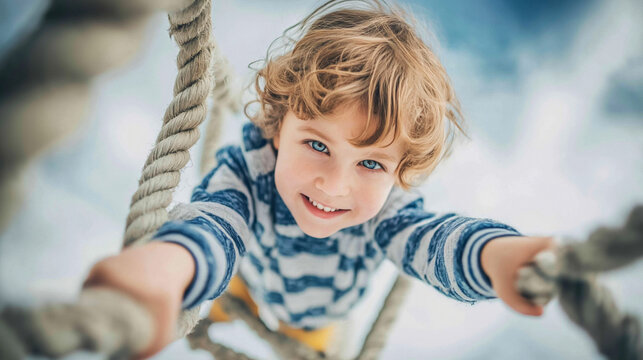 Happy child with blue eyes smiling at camera, climbing rope ladder, symbolizing growth, challenge, potential, and success