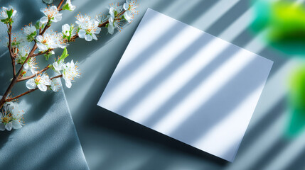 Square blank paper mockup with linear shadows and spring white blossom flowers on grey background, offering clean design space