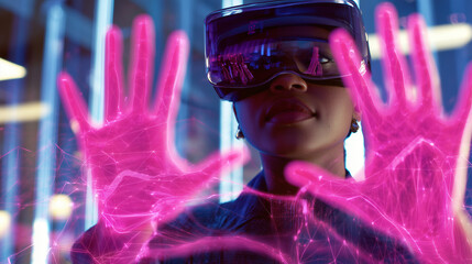 Student using VR headset & AI technology in smart classroom. Artificial intelligence, machine learning, virtual reality in education. Interactive learning, innovation, digital tools, futuristic school