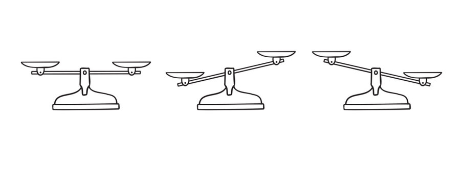 Scales hand drawn doodle element. Scales outline icon. Bowls of libra scales in balance, an imbalance of scales. 