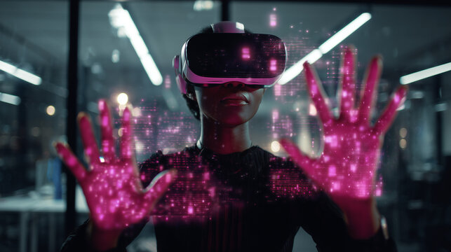 Student using VR headset & AI technology in smart classroom. Artificial intelligence, machine learning, virtual reality in education. Interactive learning, innovation, digital tools, futuristic school - Powered by Adobe