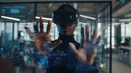 Student using VR headset & AI technology in smart classroom. Artificial intelligence, machine learning, virtual reality in education. Interactive learning, innovation, digital tools, futuristic school