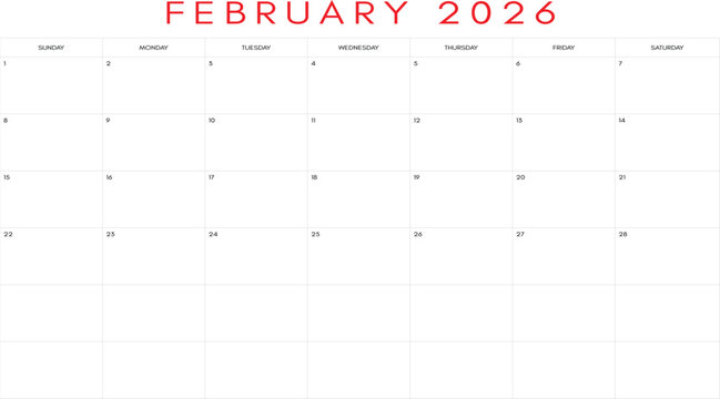 Clean february 2026 calendar grid, February 2026 Monthly Calendar - Valentine's Day Ready