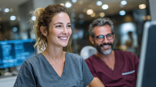 Smiling medical professionals collaborating at a modern healthcare facility - Powered by Adobe