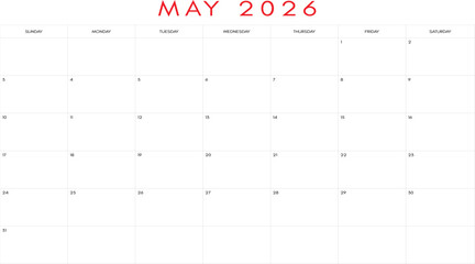 Clean may 2026 calendar grid, May 2026 Monthly Calendar - Editable Vector Layout