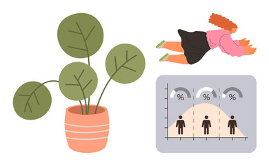 Potted plant symbolizing growth, person flying representing aspirations, and bar graph illustrating analysis. Ideal for business, personal growth, education, creativity, motivation, analytics