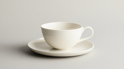 A minimalist white cup and saucer on a plain background, ideal for beverages
