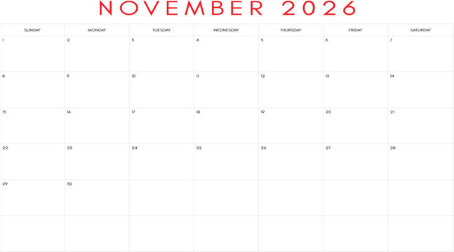 Clean november 2026 calendar grid, November 2026 Monthly Calendar - Holiday Prep & Events
