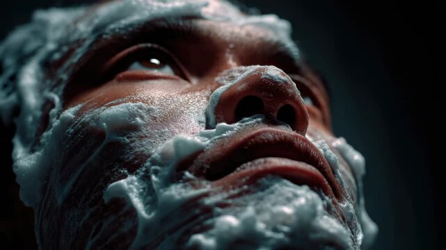 Close-up view of a man preparing for a traditional shave in a barbershop setting during an early morning