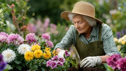 Elderly woman gardening among colorful flowers in a beautiful garden setting during springtime