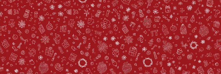 Festive red background with scattered white Christmas-themed illustrations, creating a holiday pattern.