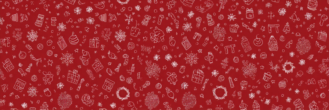 Festive red background with scattered white Christmas-themed illustrations, creating a holiday pattern.