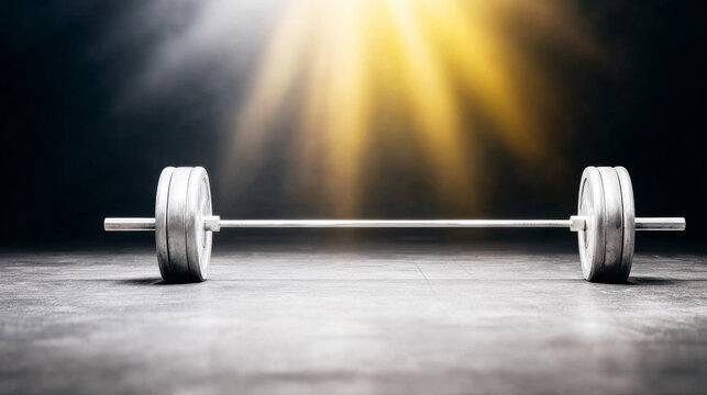 Barbell resting on concrete floor in a dark gym, with dramatic spotlight. Emphasizing power, sport, and exercise goals