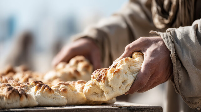 Hands in humble attire holding a warm, rustic loaf of bread, symbolizing nourishment, community, and sharing