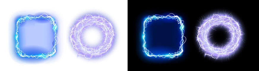 PNG image of Luminous electric frames showcasing dynamic energy fields in square and circular shapes against a ideal for technology and science concepts on transparent background