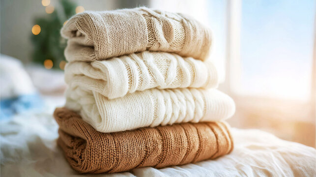 Knitted sweaters in neutral tones and cable patterns stacked on a bed, creating a feeling of warmth, comfort, and hygge