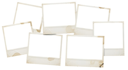 ​A clustered collage of eight blank, overlapping instant photo frames with a vintage, grunge, and distressed look. The empty spaces are perfect for displaying personalized memories, nostalgia concepts